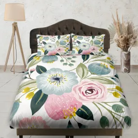 Pastel Colored Flowers Fitted Sheet Deep Pocket, Floral Prints, Aesthetic Boho Bedding Set Full, Elastic Bedsheet, Shabby Chic Bedding