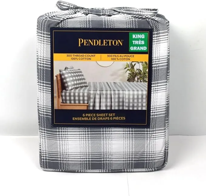 Pendleton 300 Thread Count Cotton King Size Bed Sheet Set Pack Of 6 (Lakeview Plaid Gray-Blue)