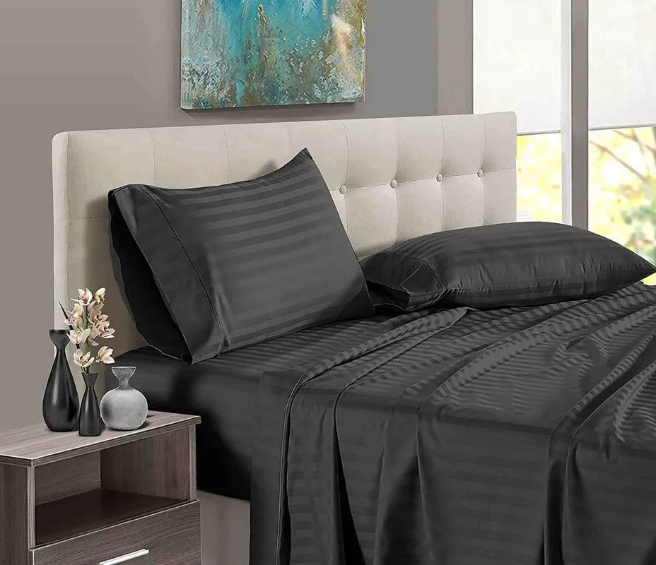 Pingaksha Bedding All Around Elastic Fitted Bedsheet with 2 Pillow Cover- 1000TC Elasticized 12" Deep Pocket Fitted Sheet- 100% Cotton 3 PC Fitted Bedsheet Set-Double Size, Dark Grey Stripe