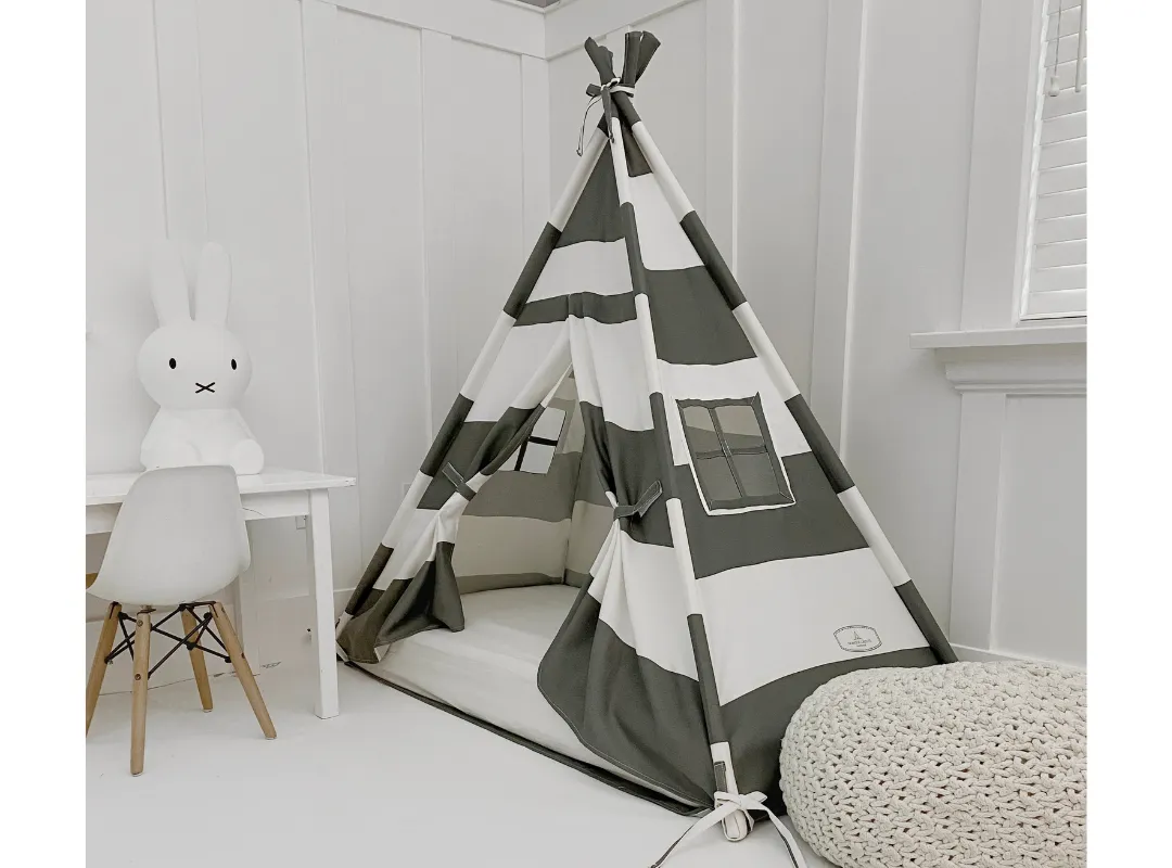 Play Tent Canopy Bed in Grey and White Stripe WITH Doors