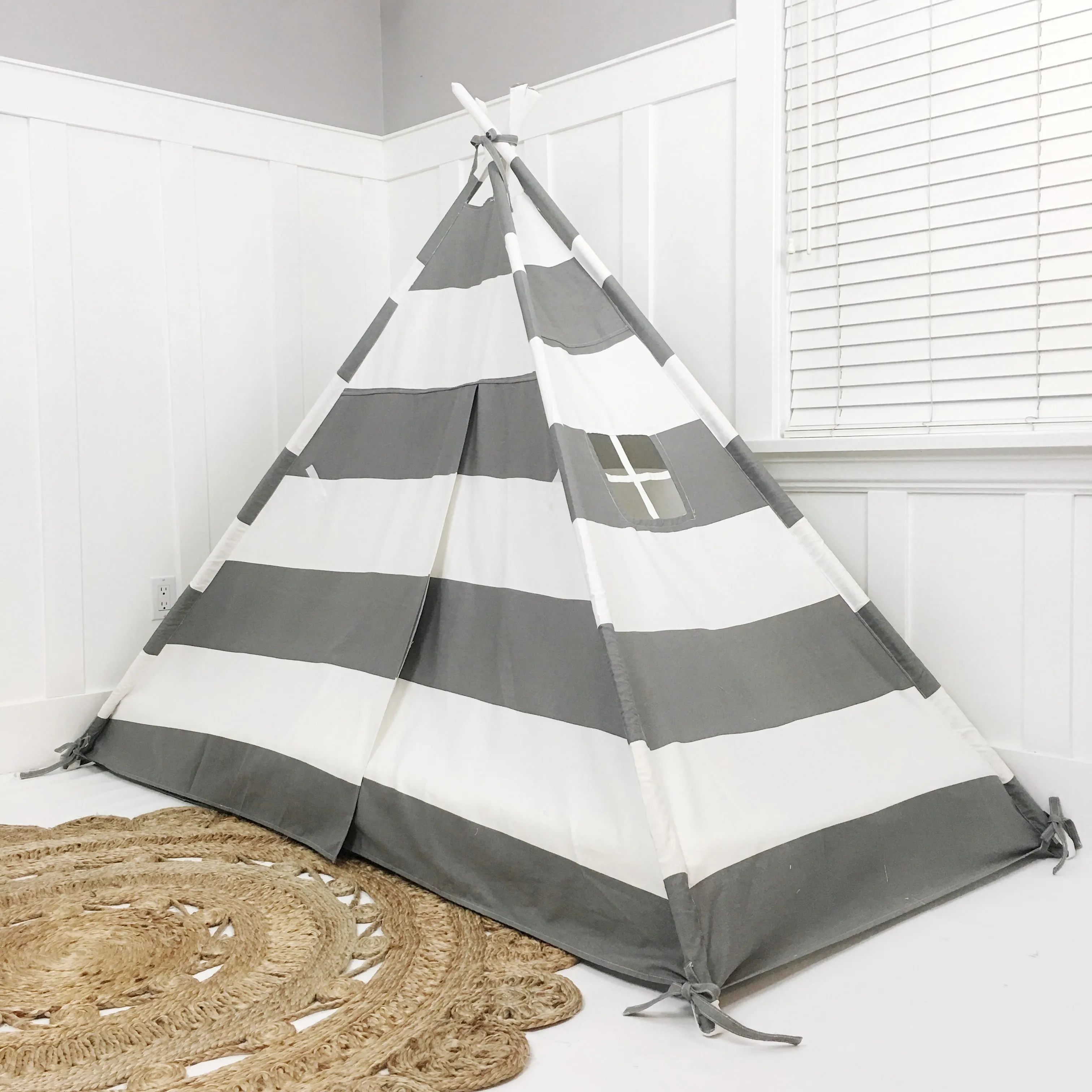 Play Tent Canopy Bed in Grey and White Stripe WITH Doors