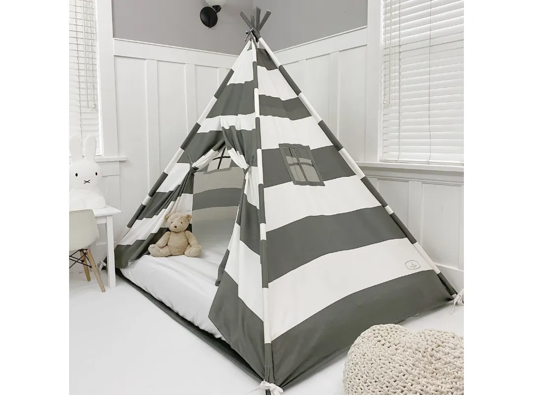 Play Tent Canopy Bed in Grey and White Stripe WITH Doors