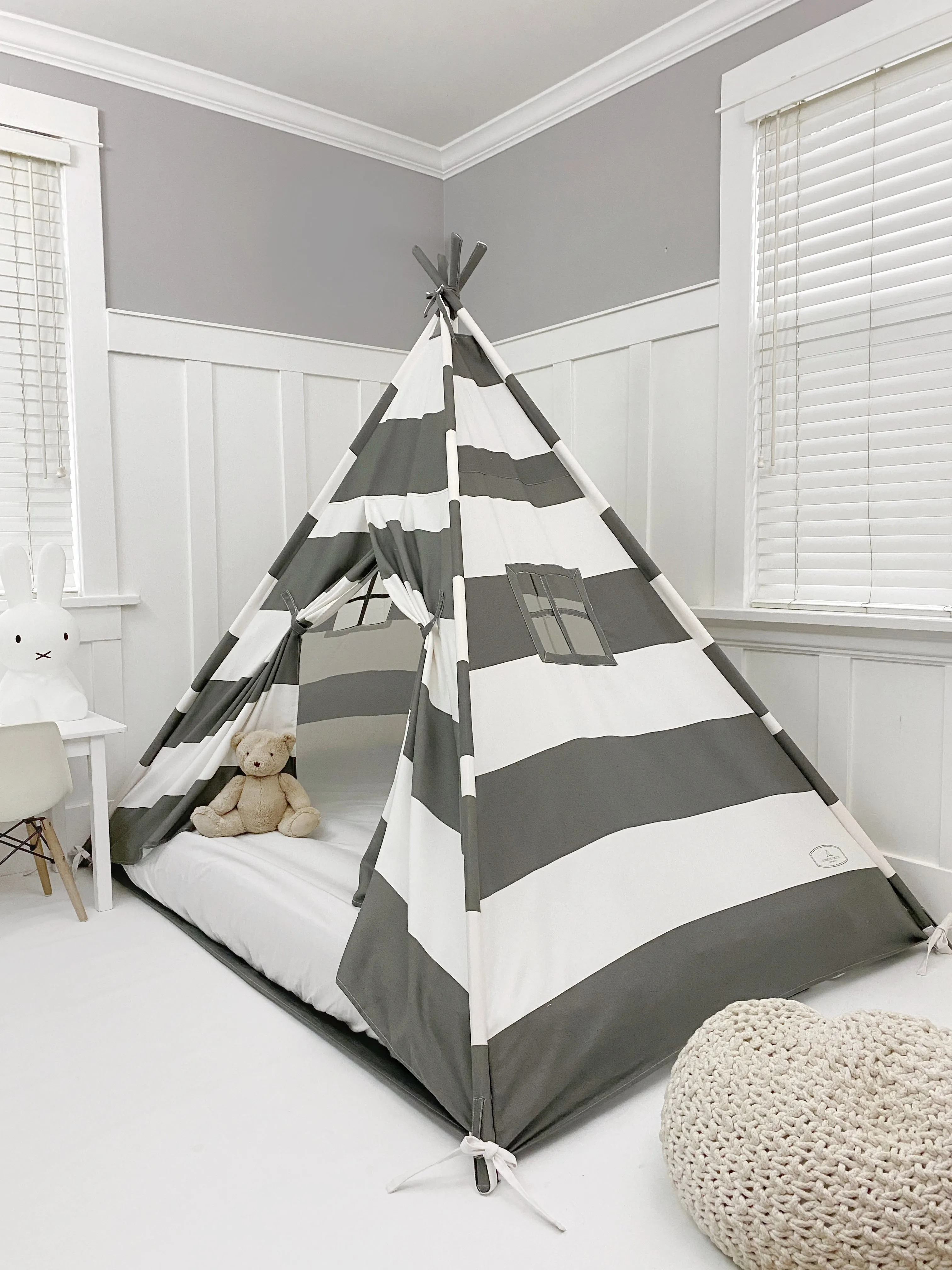 Play Tent Canopy Bed in Grey and White Stripe WITH Doors