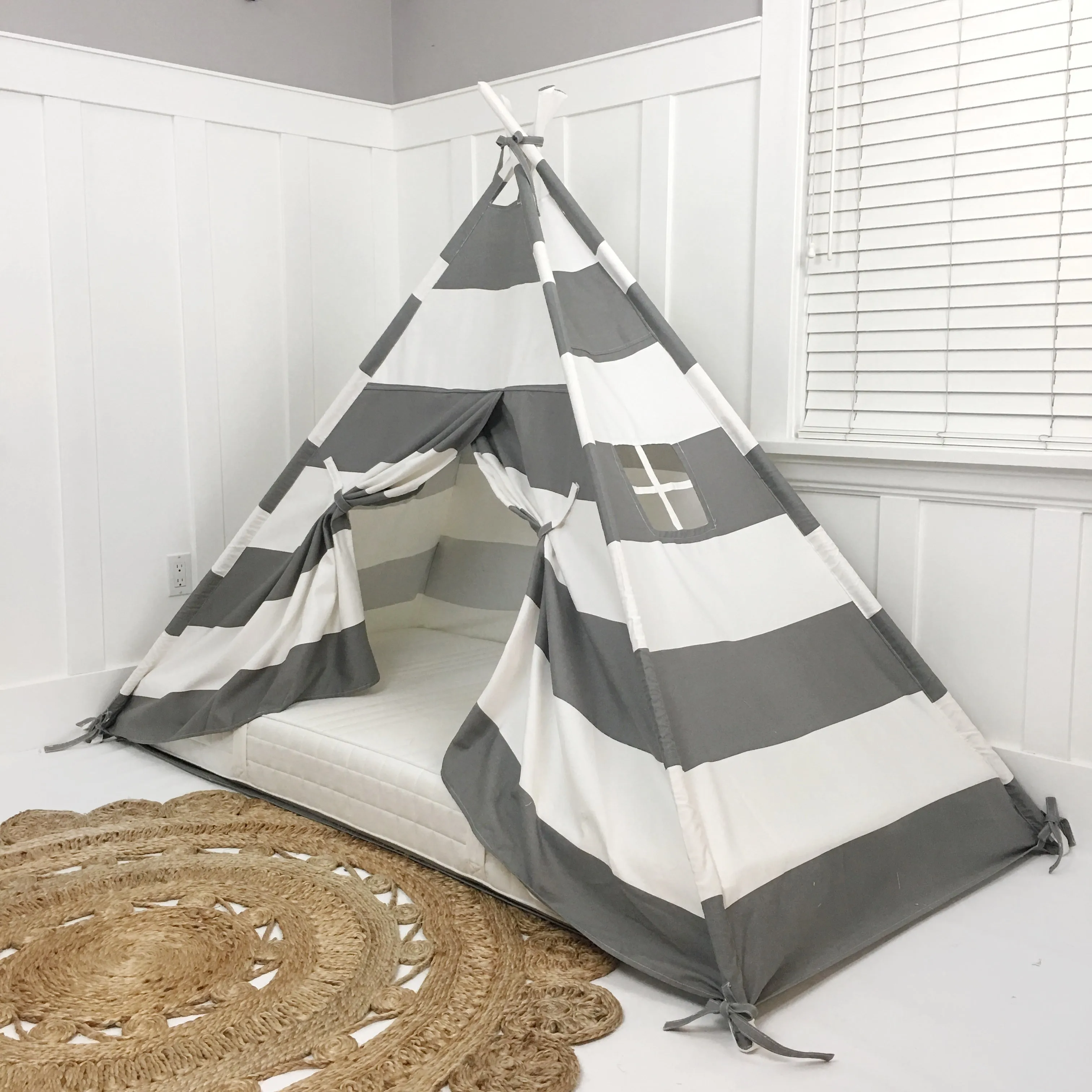 Play Tent Canopy Bed in Grey and White Stripe WITH Doors