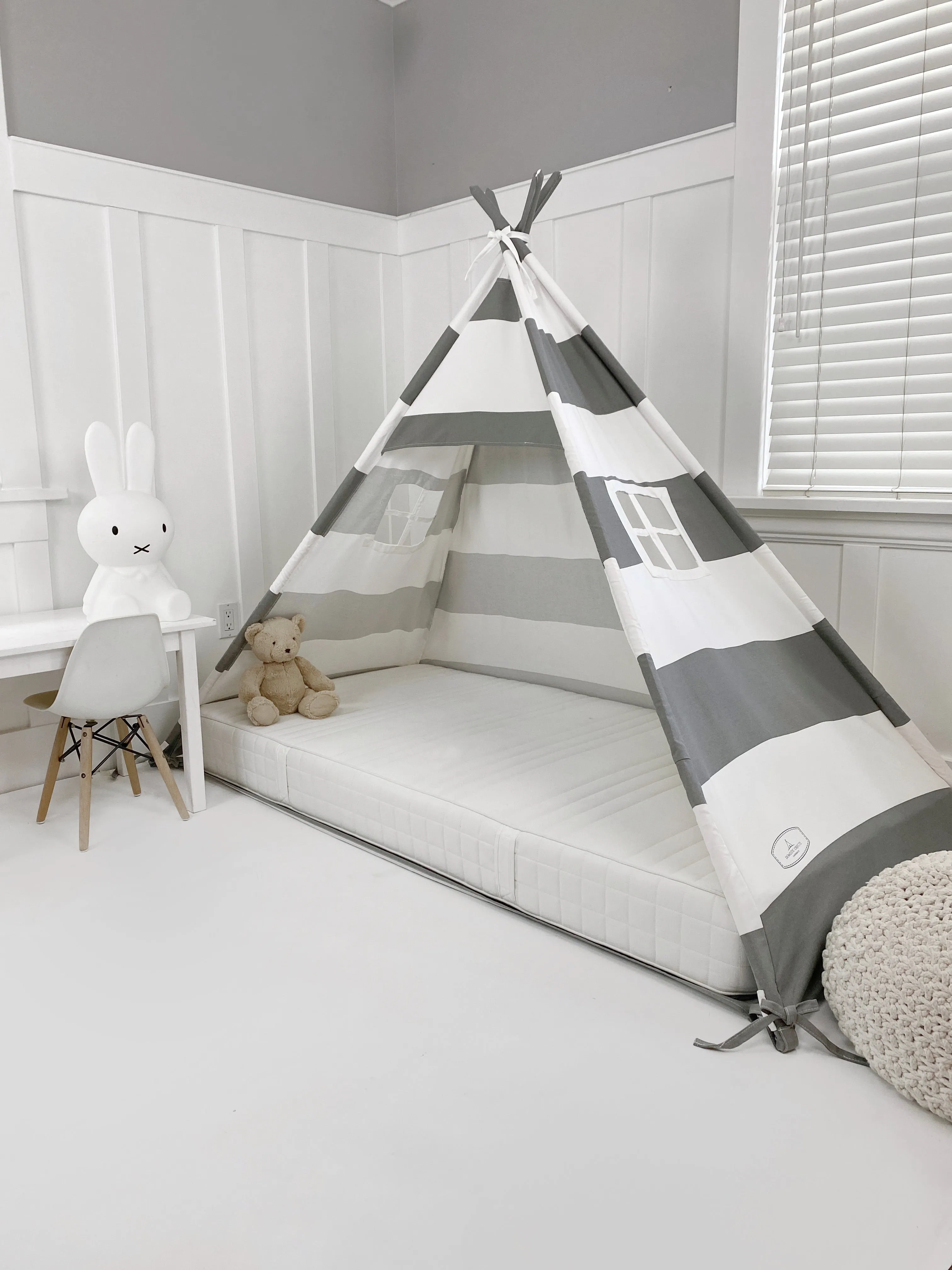 Play Tent Canopy Bed in Grey and White Stripe