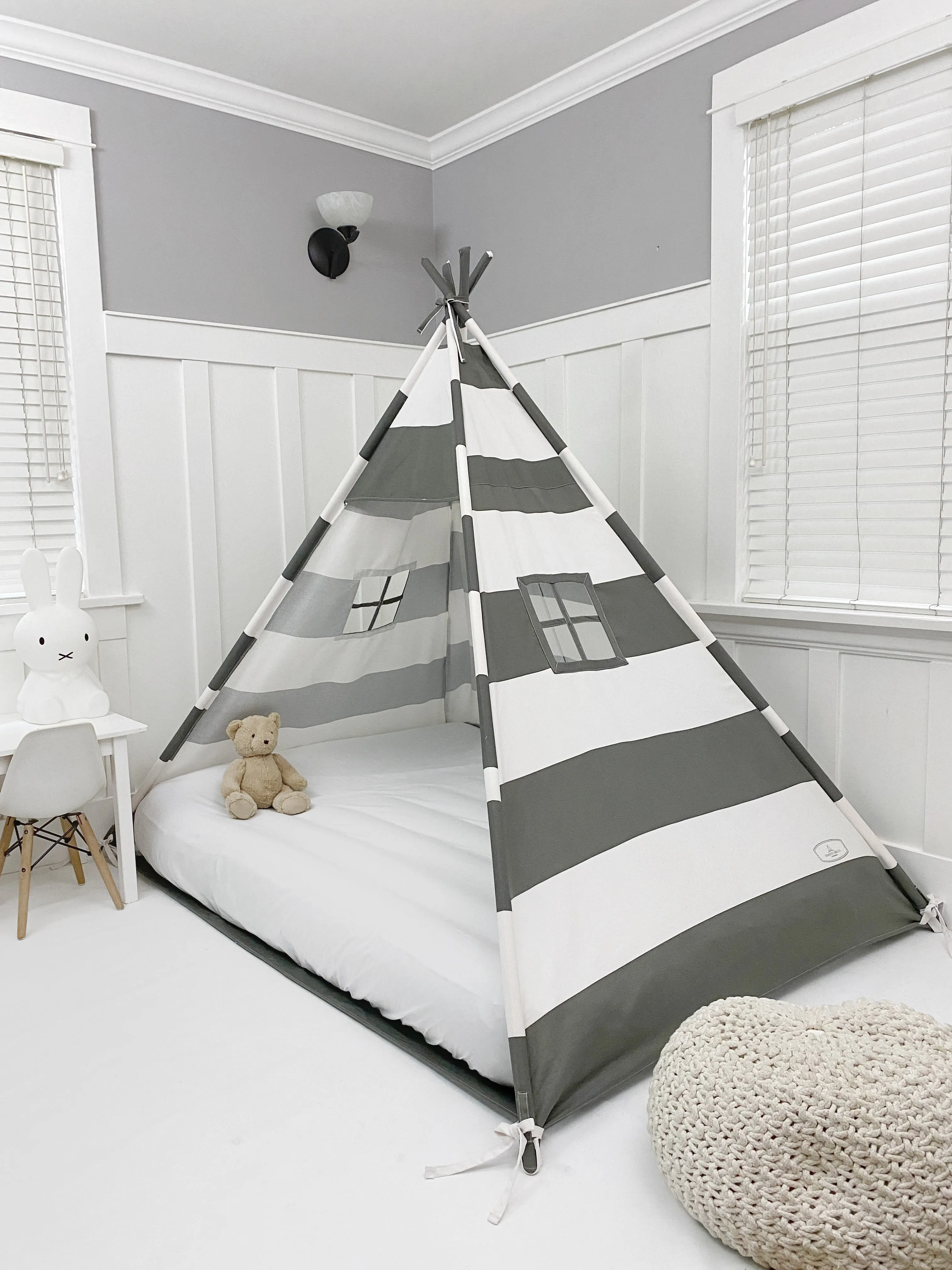 Play Tent Canopy Bed in Grey and White Stripe