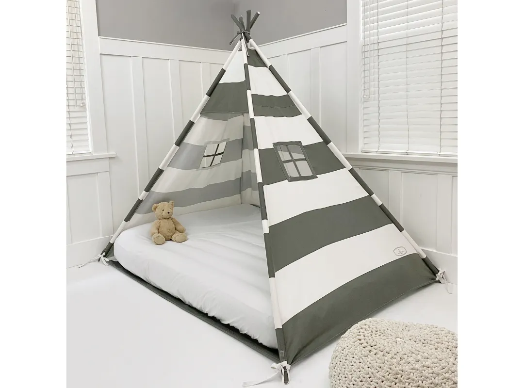 Play Tent Canopy Bed in Grey and White Stripe