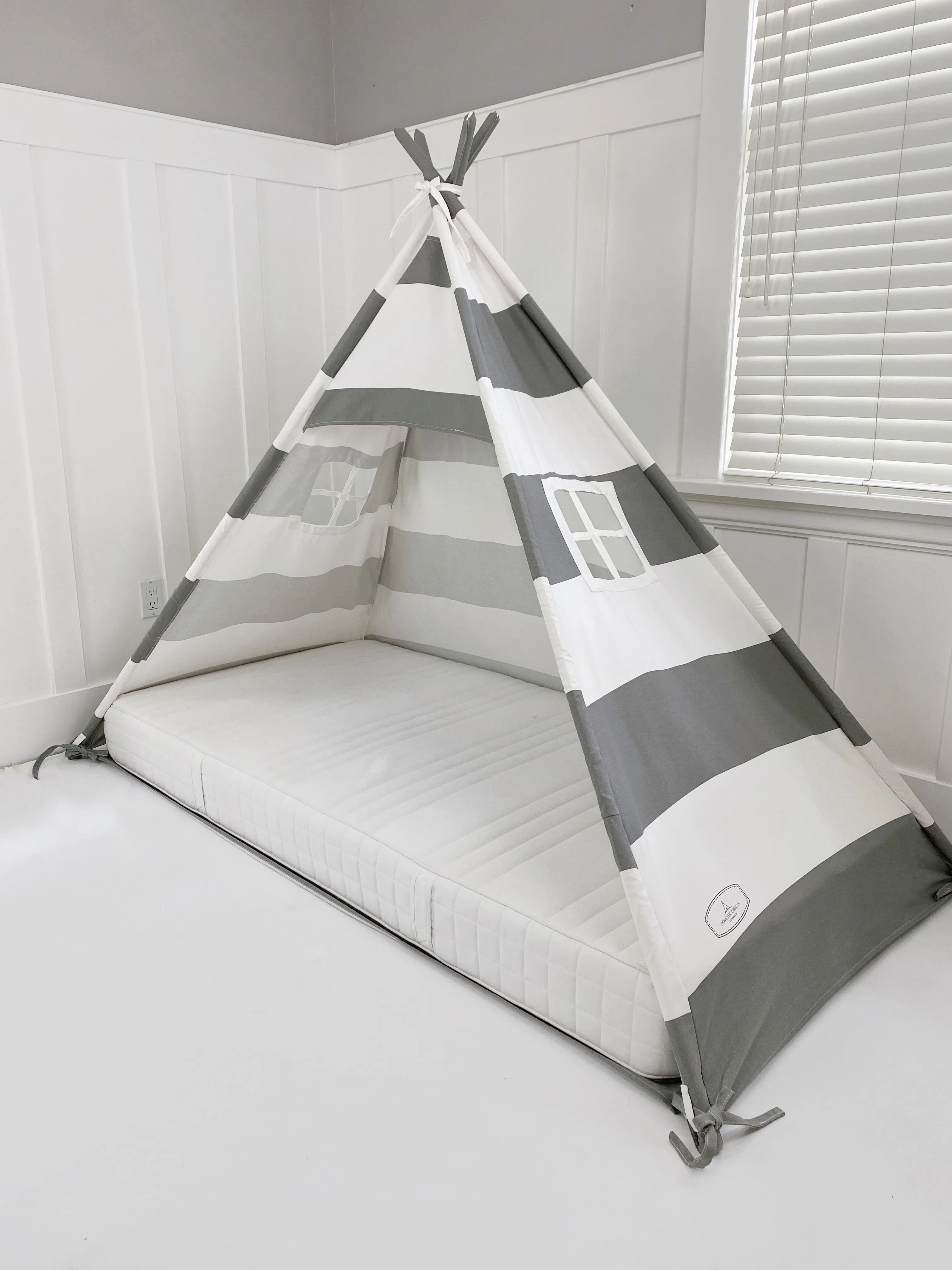 Play Tent Canopy Bed in Grey and White Stripe