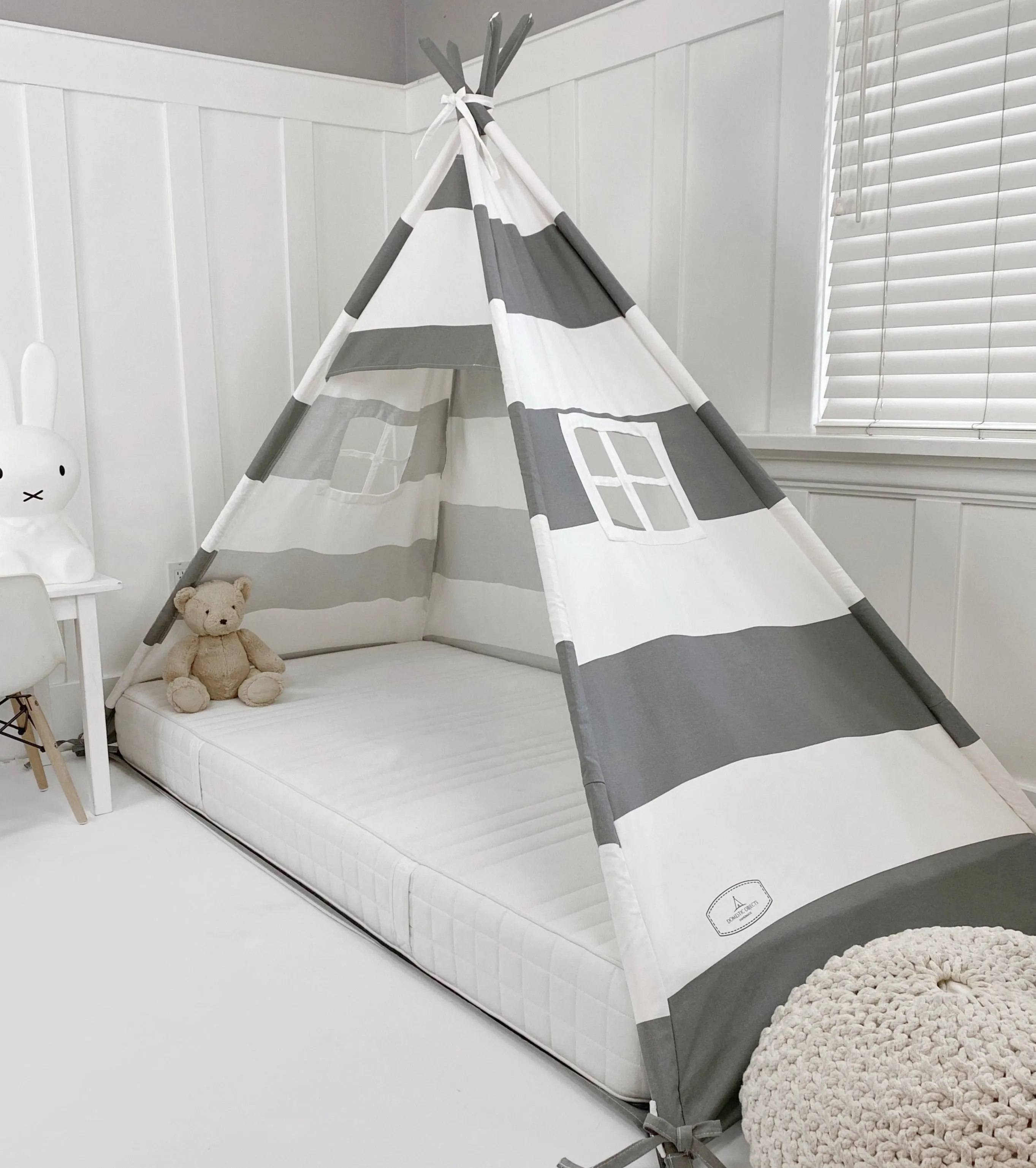 Play Tent Canopy Bed in Grey and White Stripe