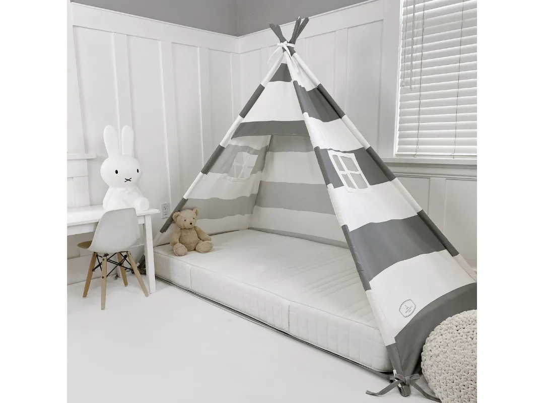 Play Tent Canopy Bed in Grey and White Stripe