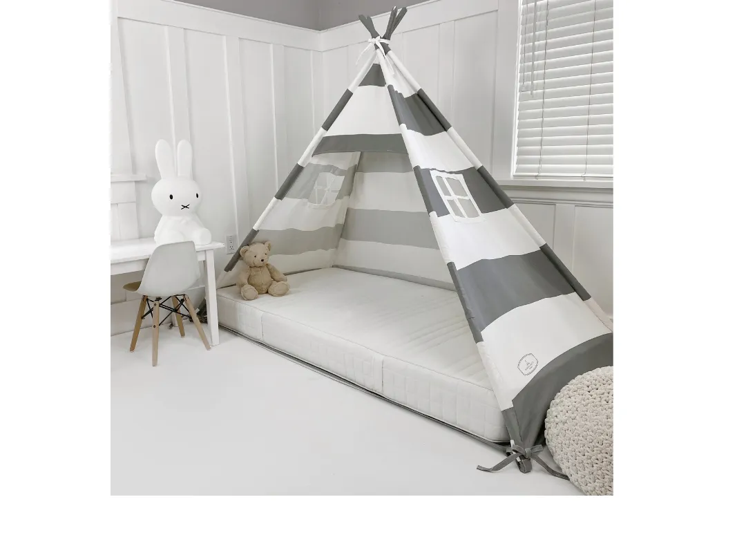 Play Tent Canopy Bed in Grey and White Stripe