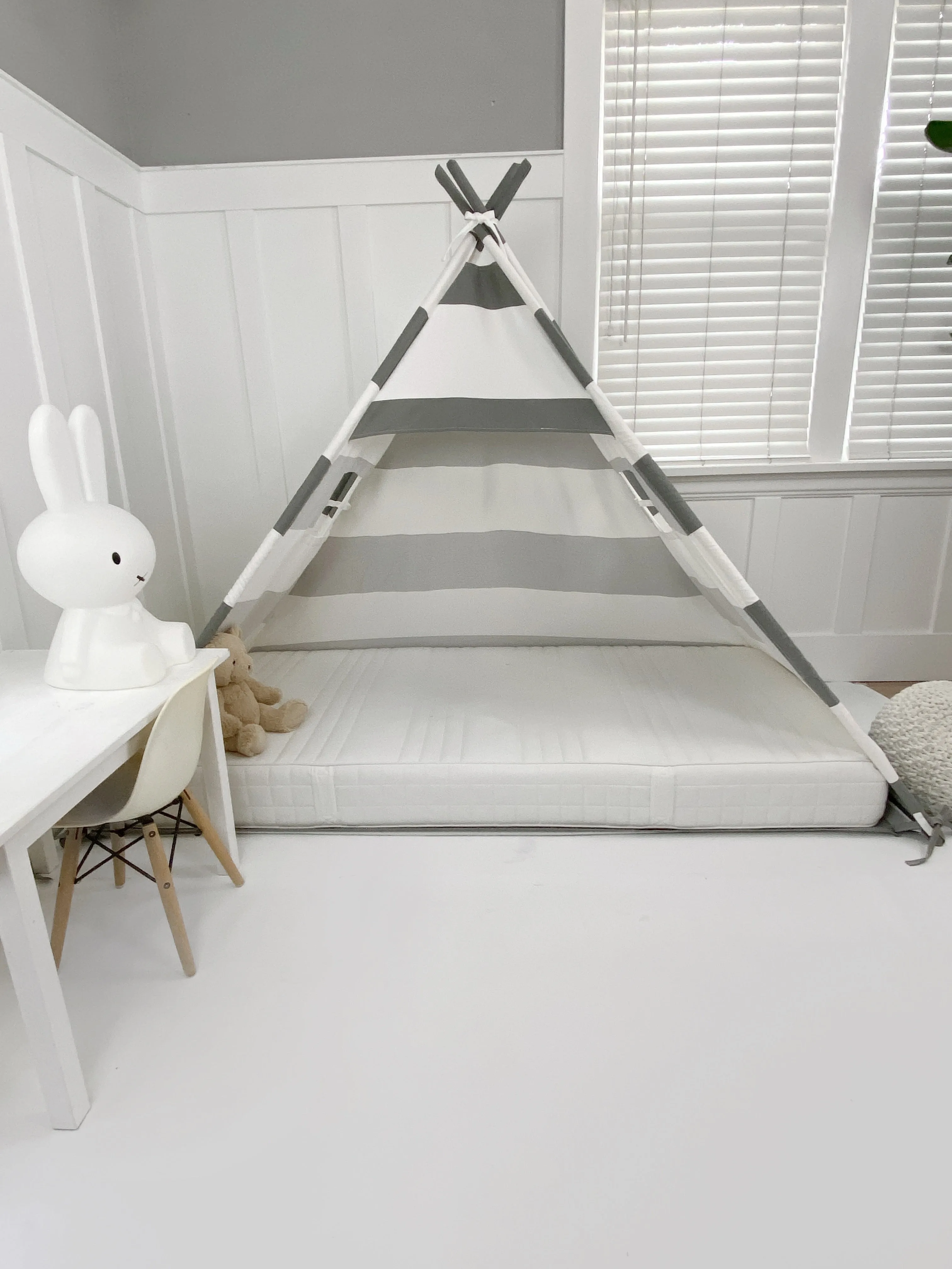 Play Tent Canopy Bed in Grey and White Stripe