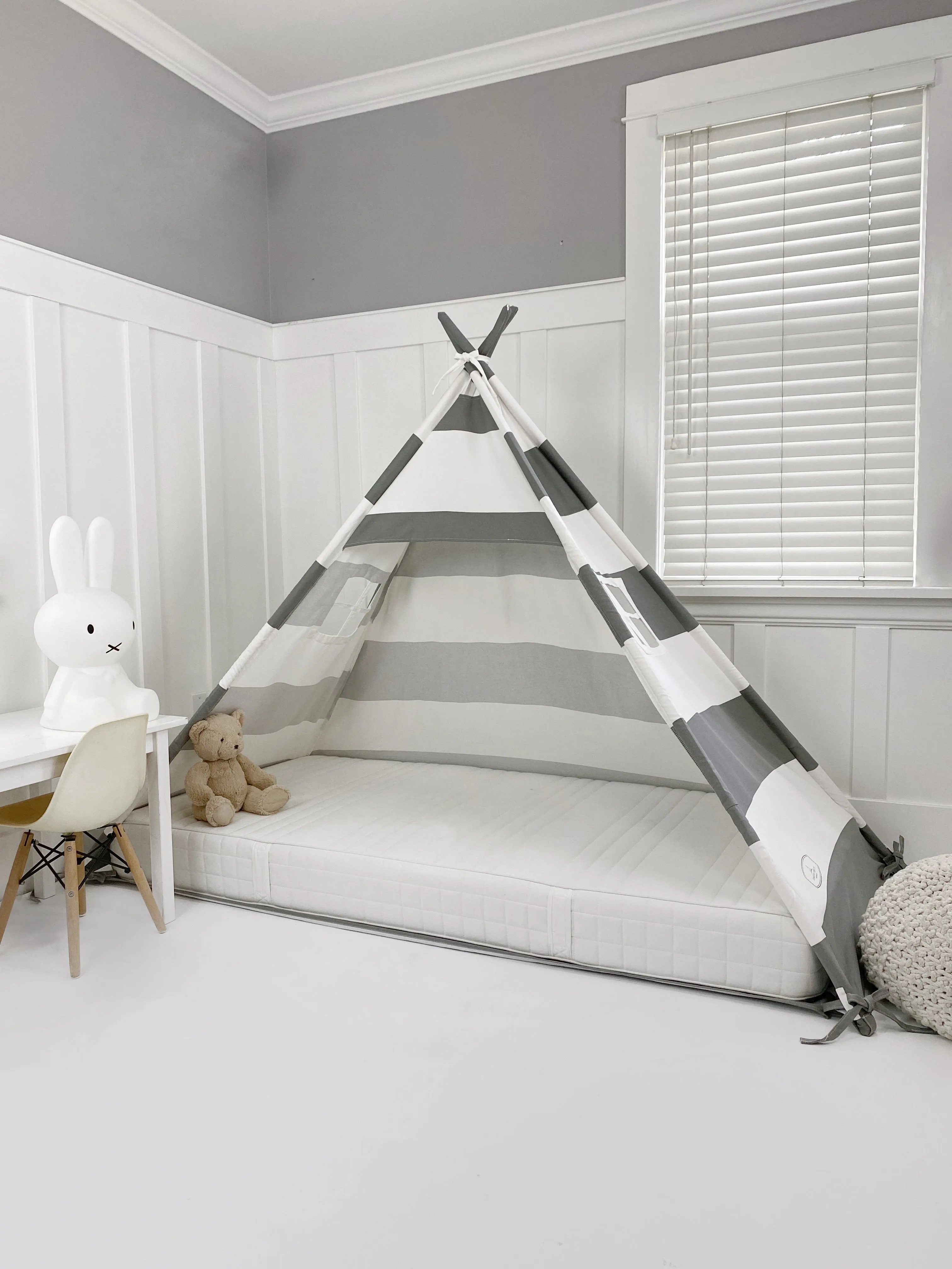 Play Tent Canopy Bed in Grey and White Stripe