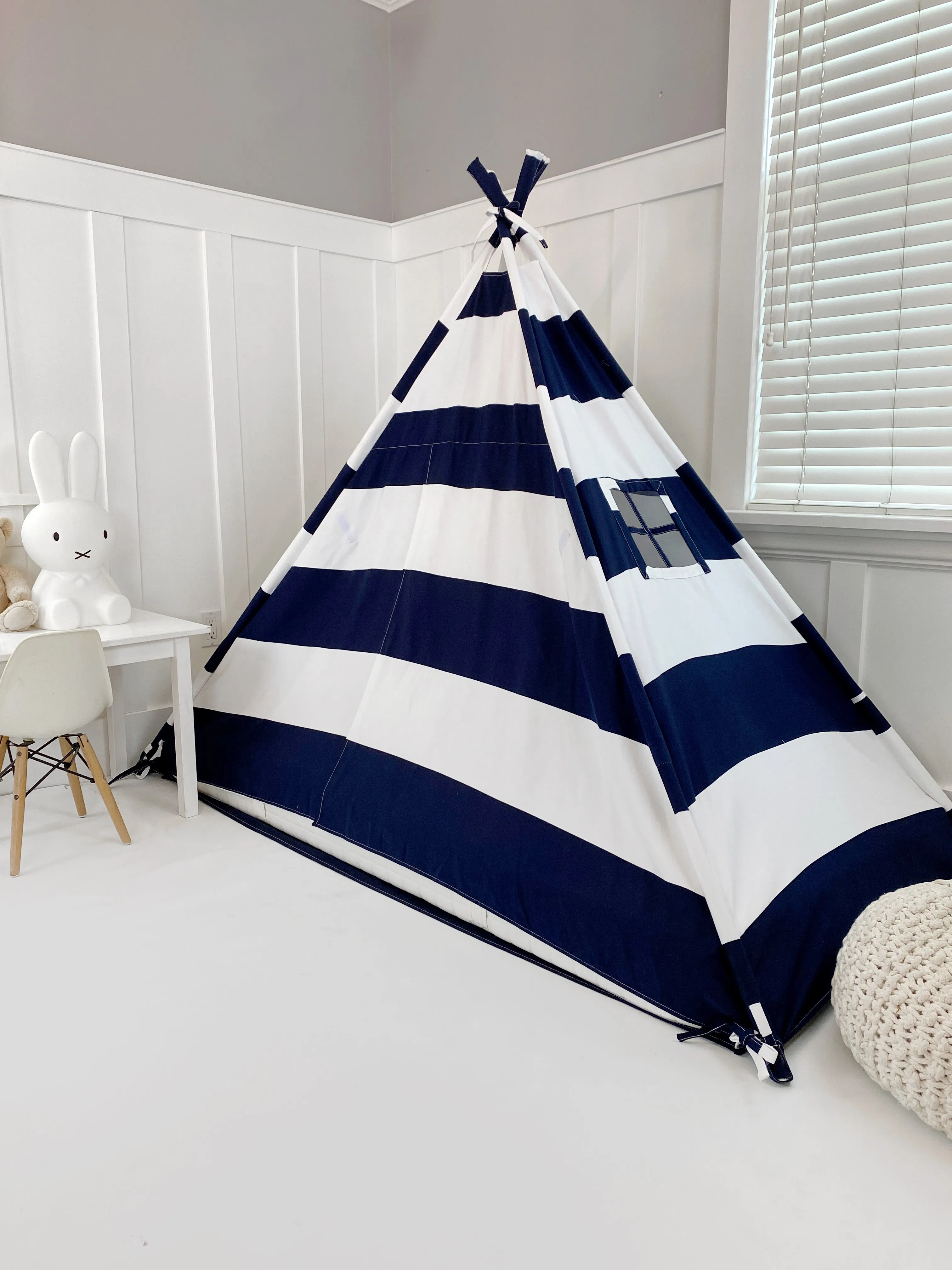 Play Tent Canopy Bed in Navy Blue and White Stripe Canvas WITH Doors