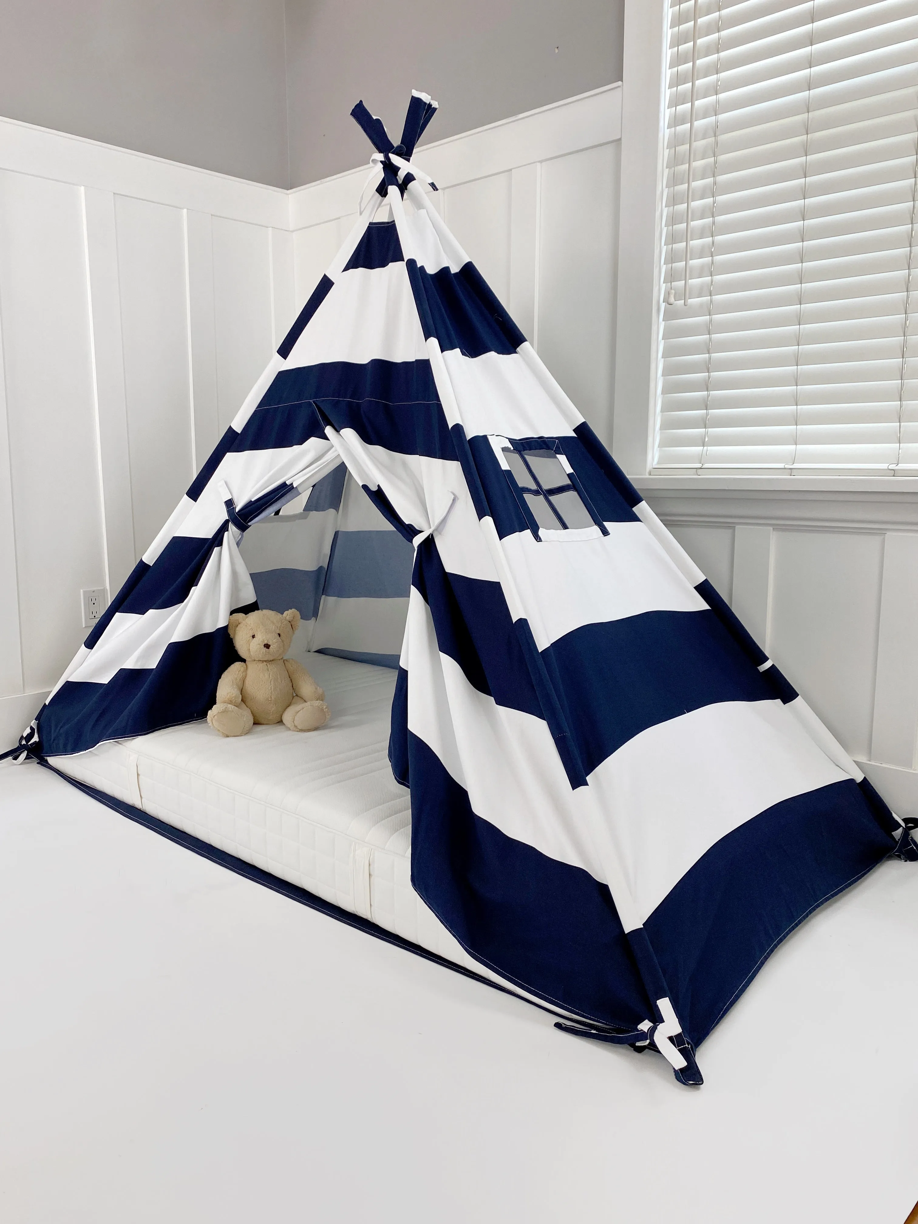 Play Tent Canopy Bed in Navy Blue and White Stripe Canvas WITH Doors