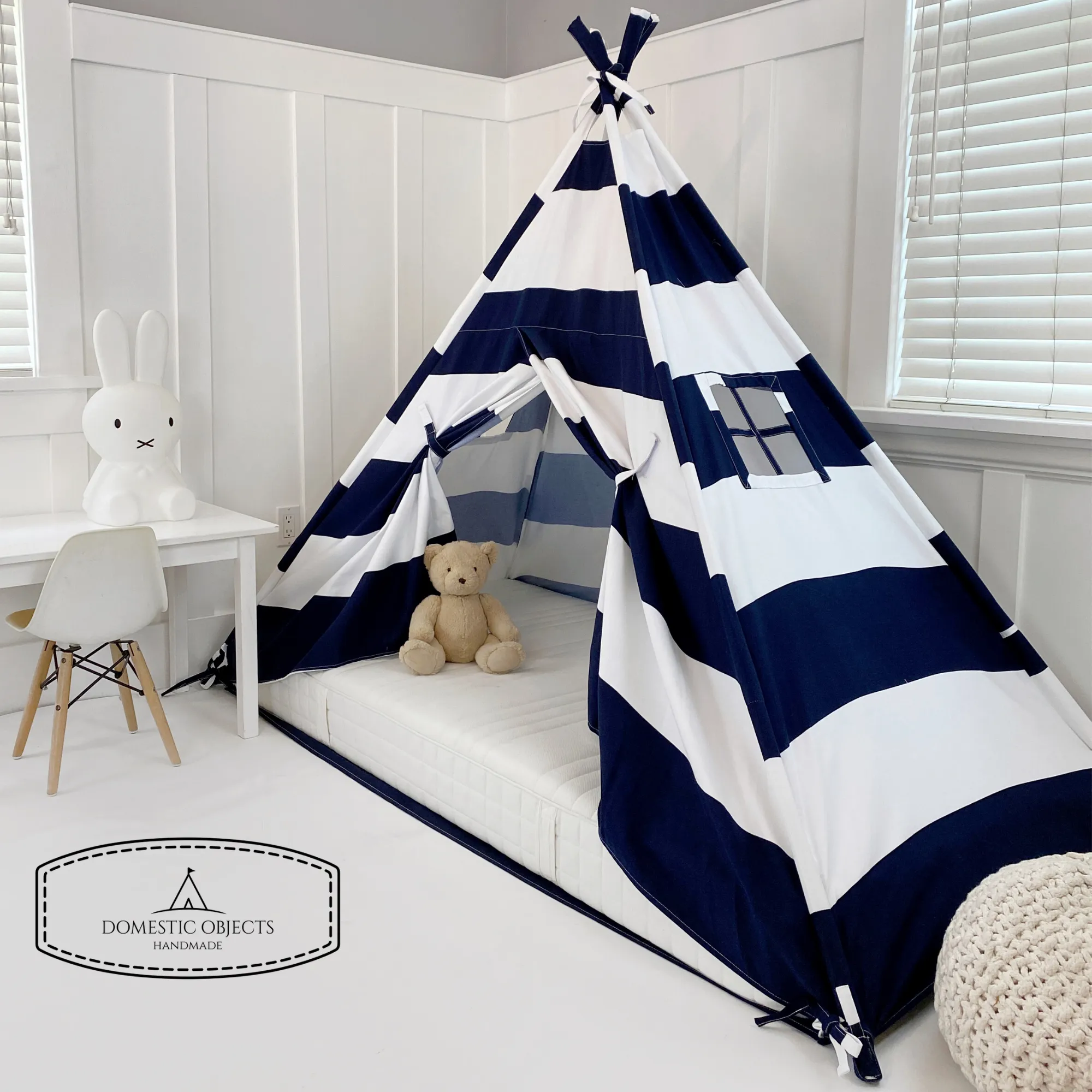 Play Tent Canopy Bed in Navy Blue and White Stripe Canvas WITH Doors