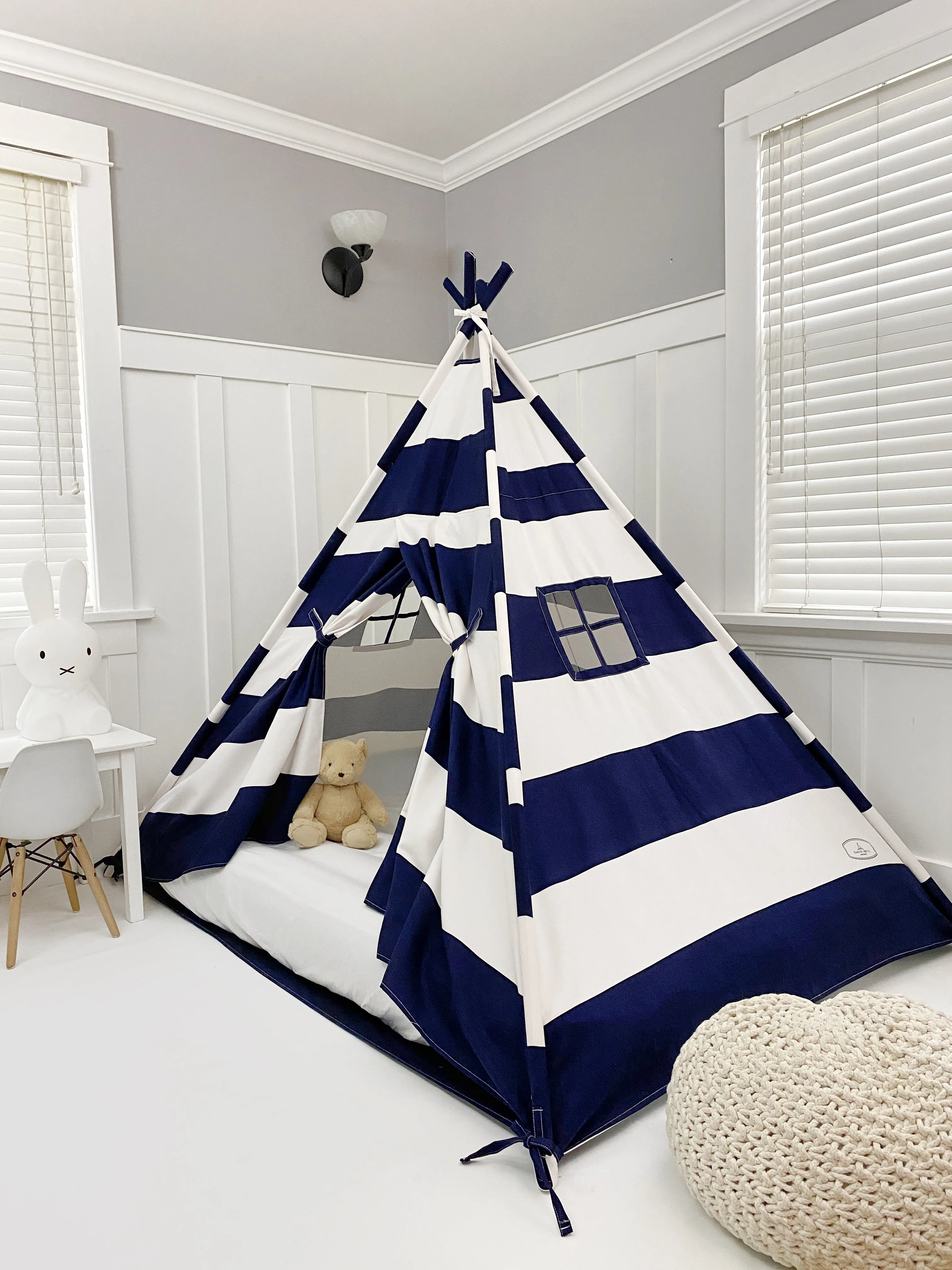 Play Tent Canopy Bed in Navy Blue and White Stripe Canvas WITH Doors