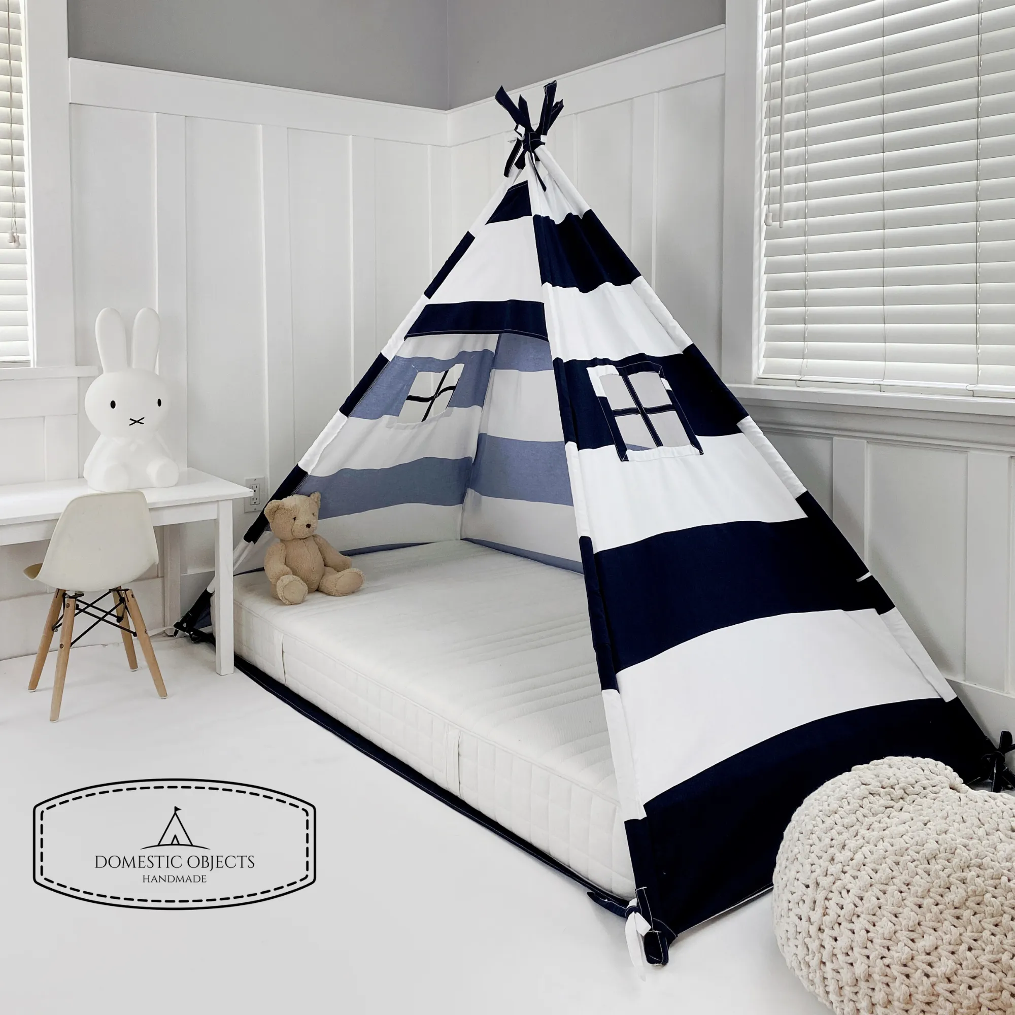 Play Tent Canopy Bed in Navy Blue and White Stripe Canvas