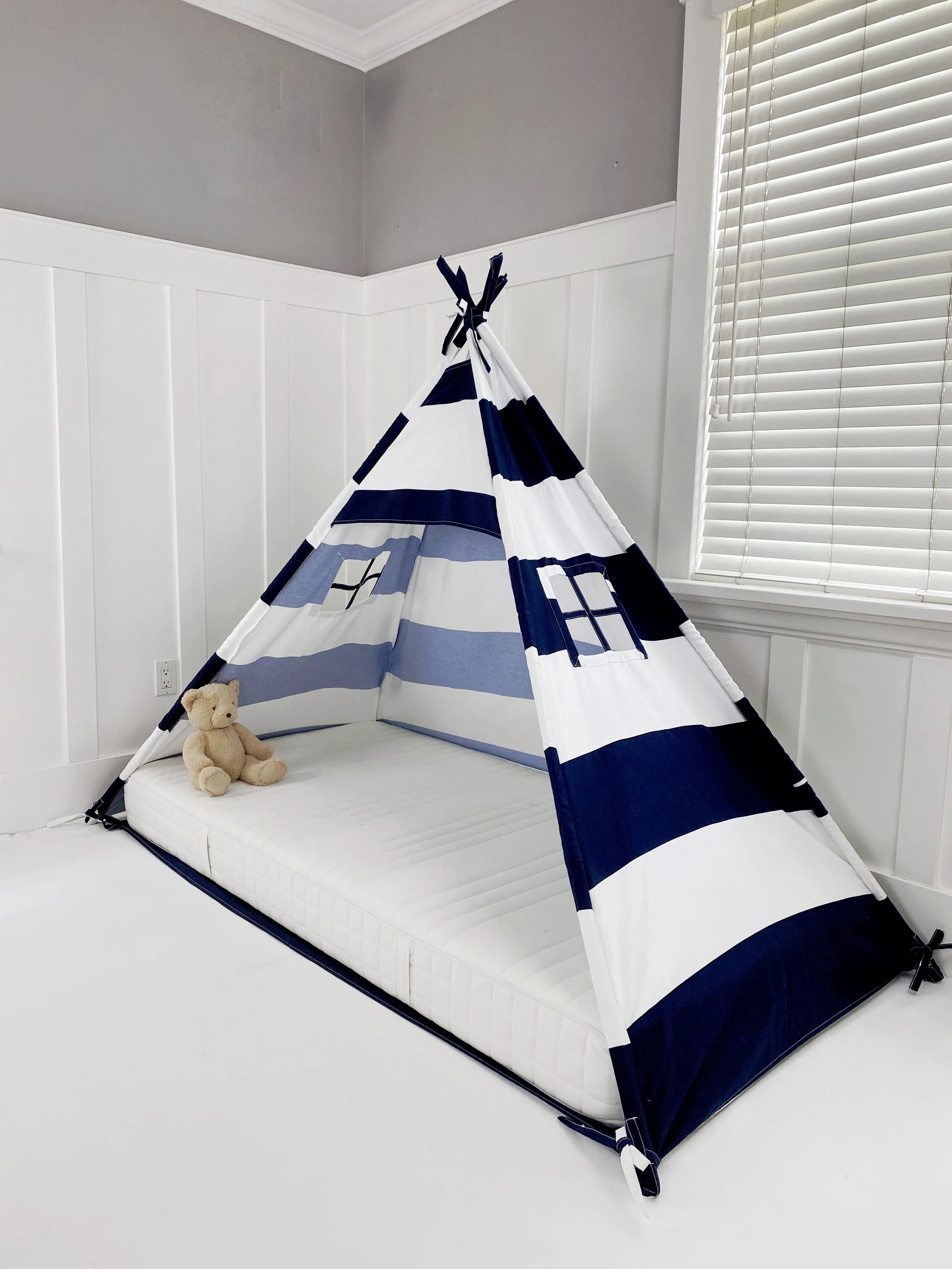 Play Tent Canopy Bed in Navy Blue and White Stripe Canvas