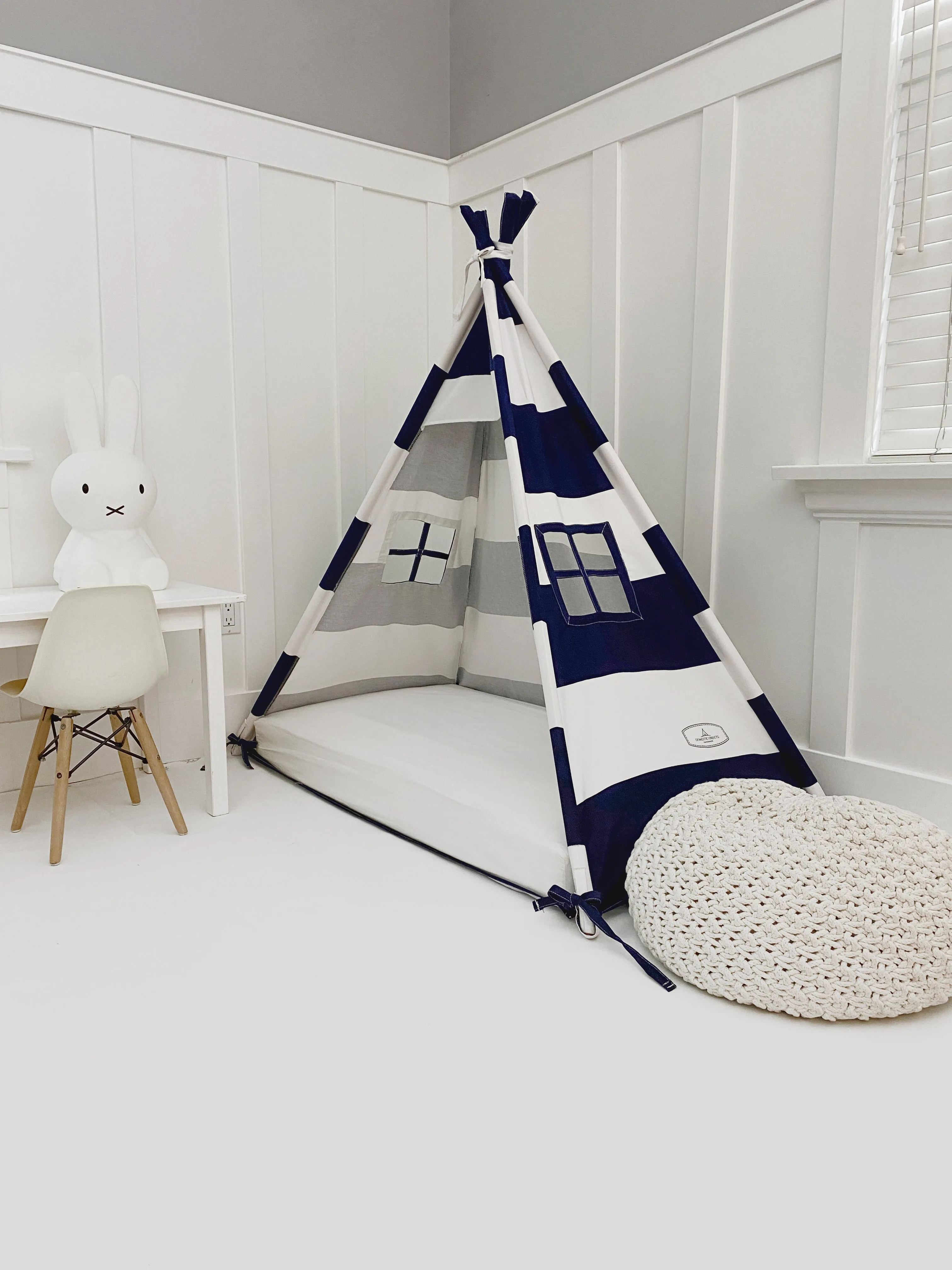 Play Tent Canopy Bed in Navy Blue and White Stripe Canvas