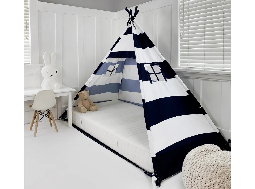 Play Tent Canopy Bed in Navy Blue and White Stripe Canvas