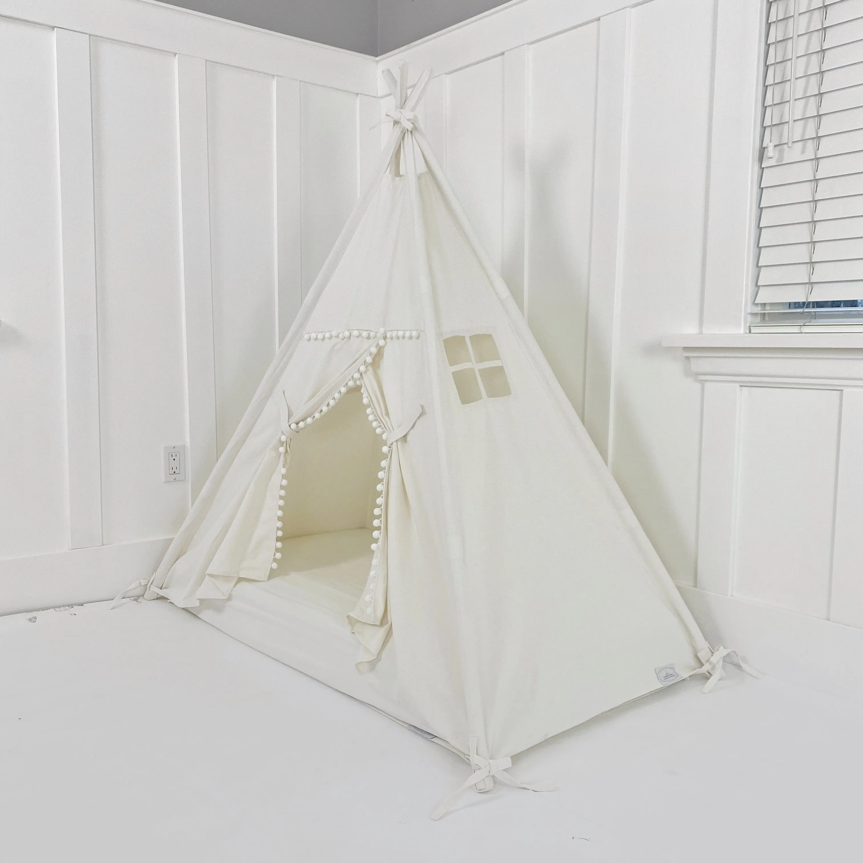 Play Tent Canopy Bed in White Canvas with POM POM TRIM