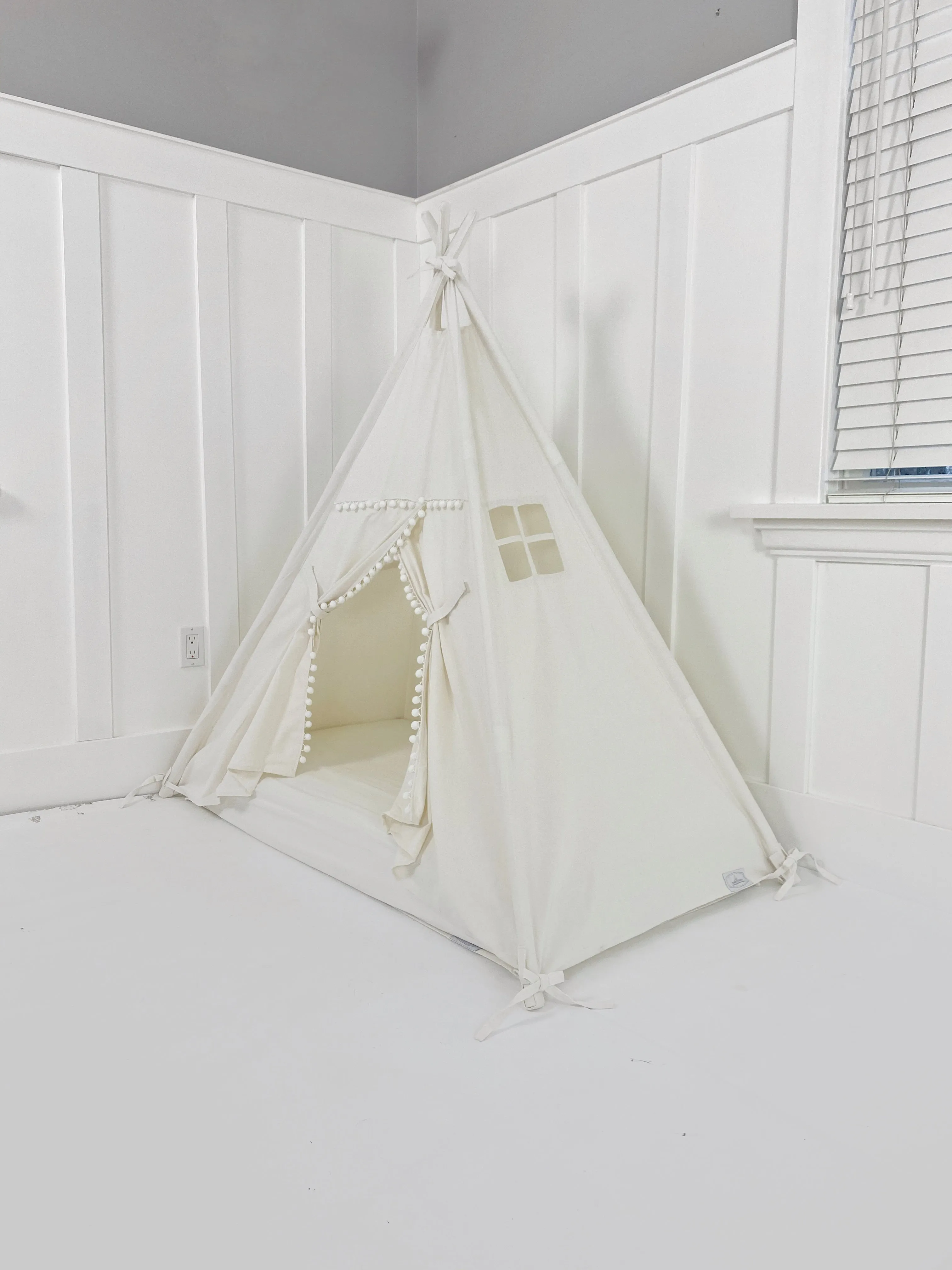 Play Tent Canopy Bed in White Canvas with POM POM TRIM