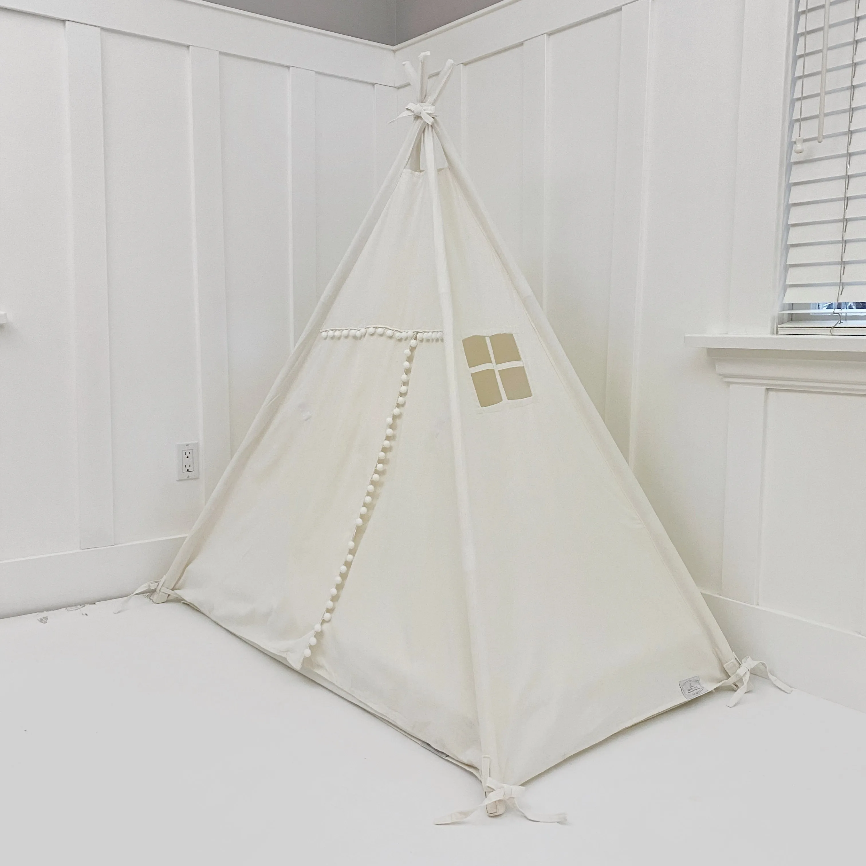 Play Tent Canopy Bed in White Canvas with POM POM TRIM