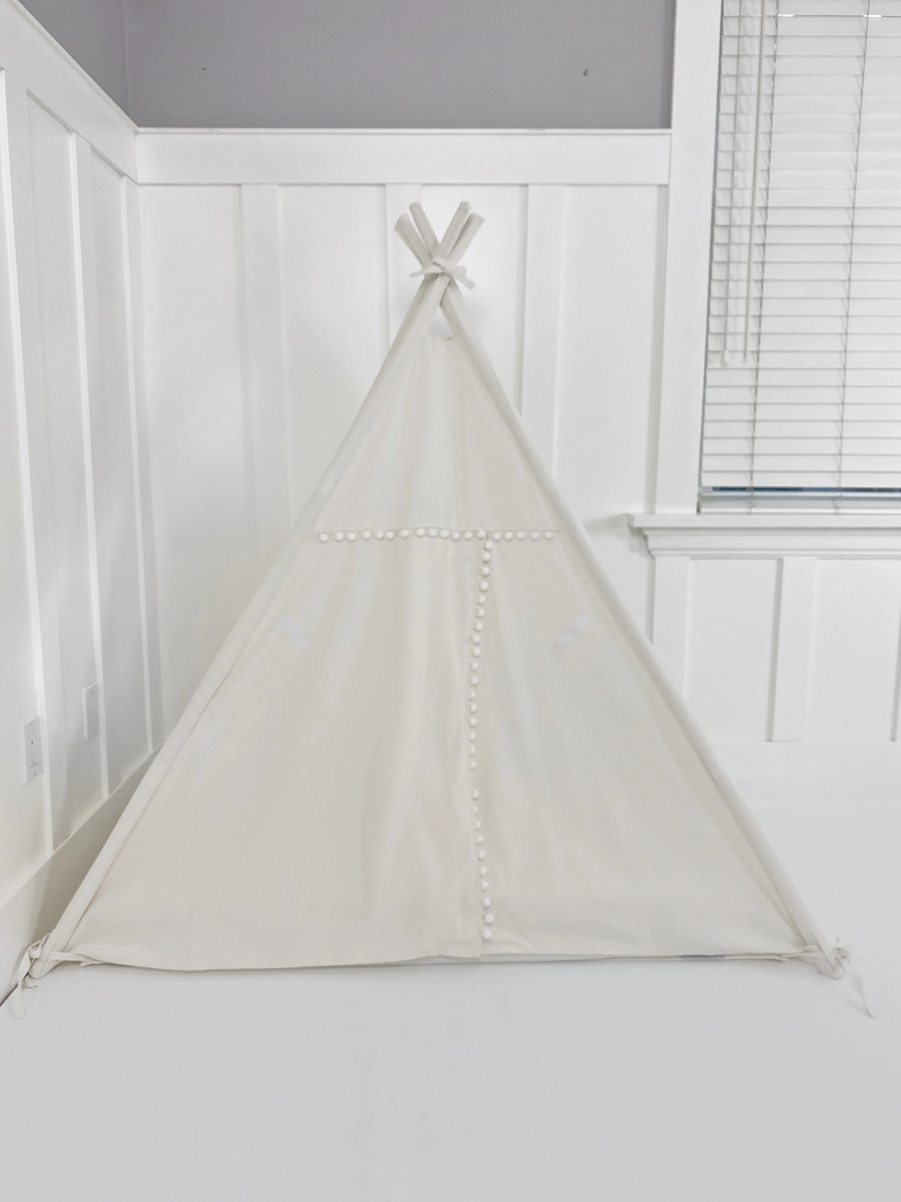 Play Tent Canopy Bed in White Canvas with POM POM TRIM