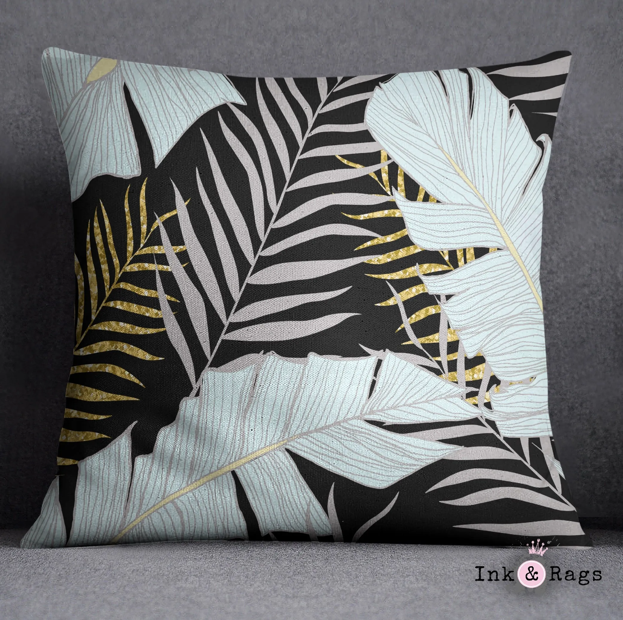 Powder and Gold Palm and Banana Leaf Black Decorative Throw and Pillow Cover Set