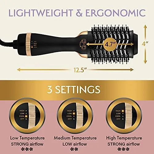 Professional Blowout Hair Dryer Brush, Black Gold Dryer and Volumizer, Hot Air Brush for Women, 75MM Oval Shape