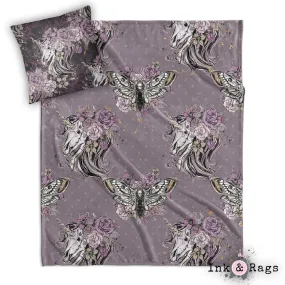 Purple Rose Unicorn Skull and Death Moth Decorative Throw and Pillow Cover Set