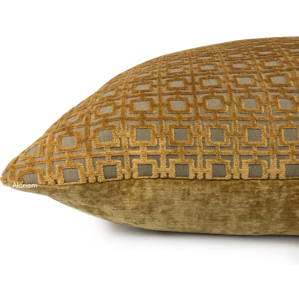 Quattro Amber Gold Geometric Square Lattice Cut Velvet Pillow Cover