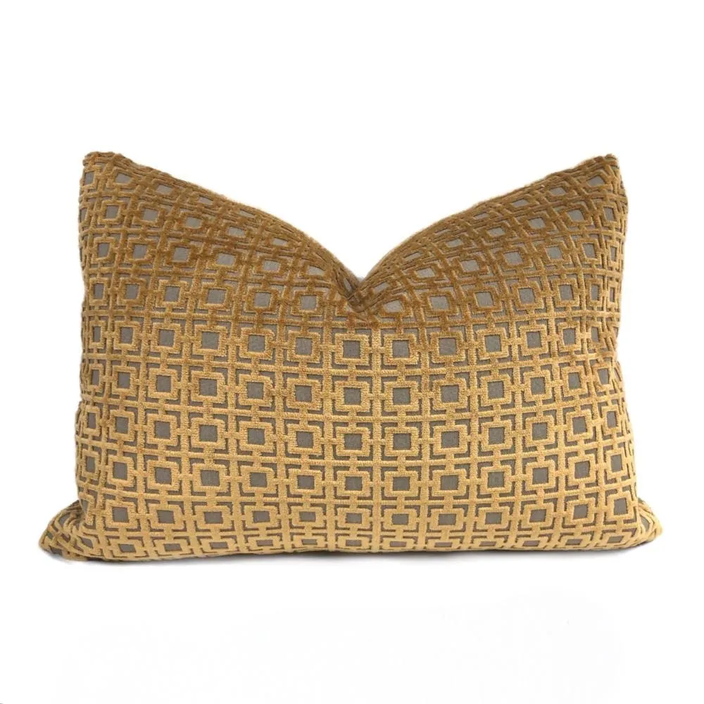 Quattro Amber Gold Geometric Square Lattice Cut Velvet Pillow Cover