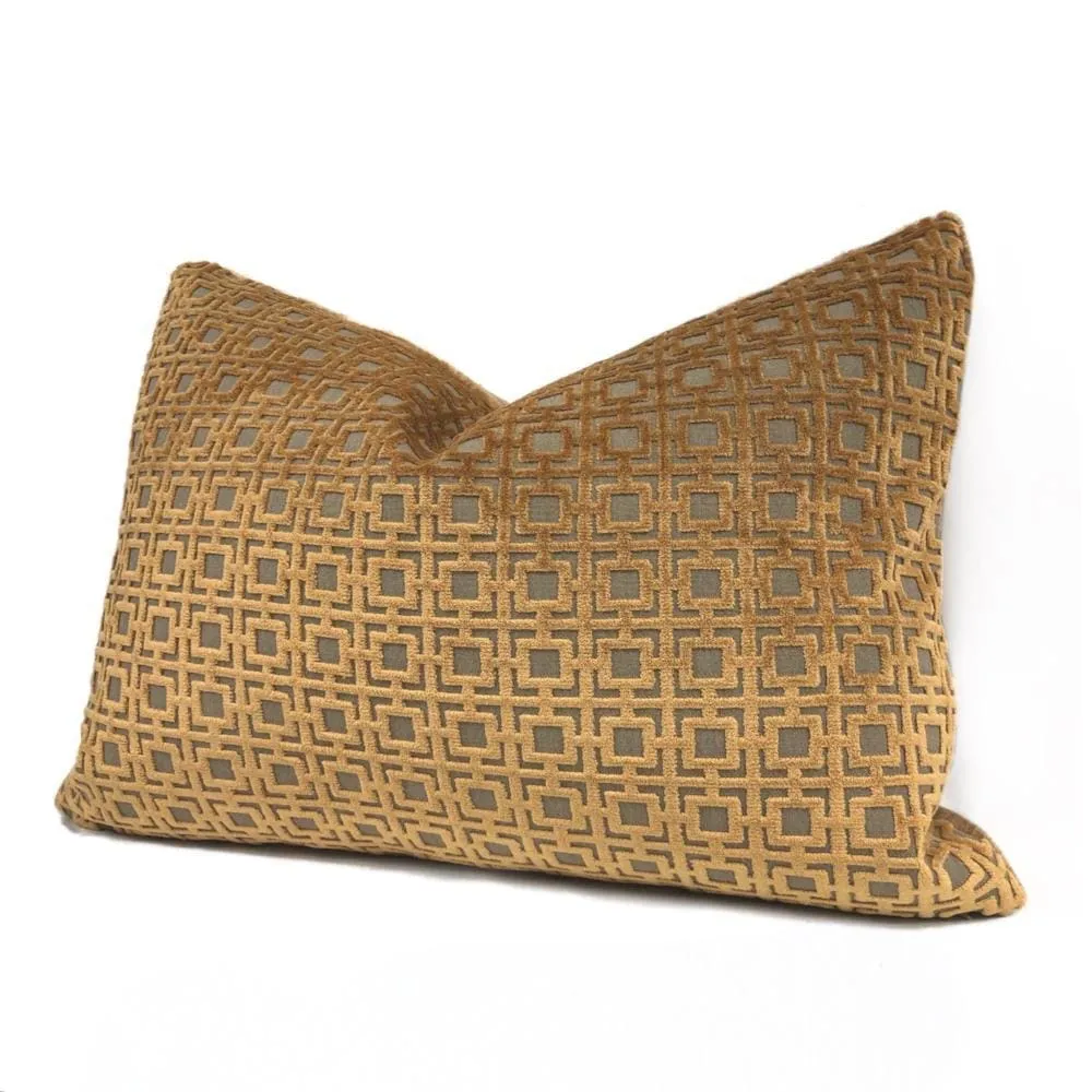 Quattro Amber Gold Geometric Square Lattice Cut Velvet Pillow Cover