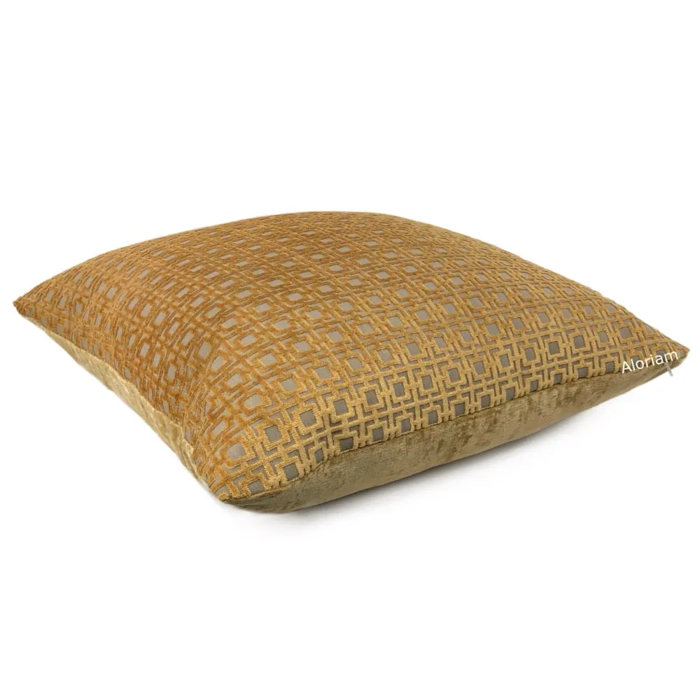 Quattro Amber Gold Geometric Square Lattice Cut Velvet Pillow Cover