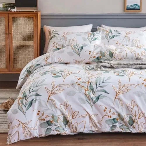 Queen size 6 pieces Without filler, Green leaves design white color , Bedding Set