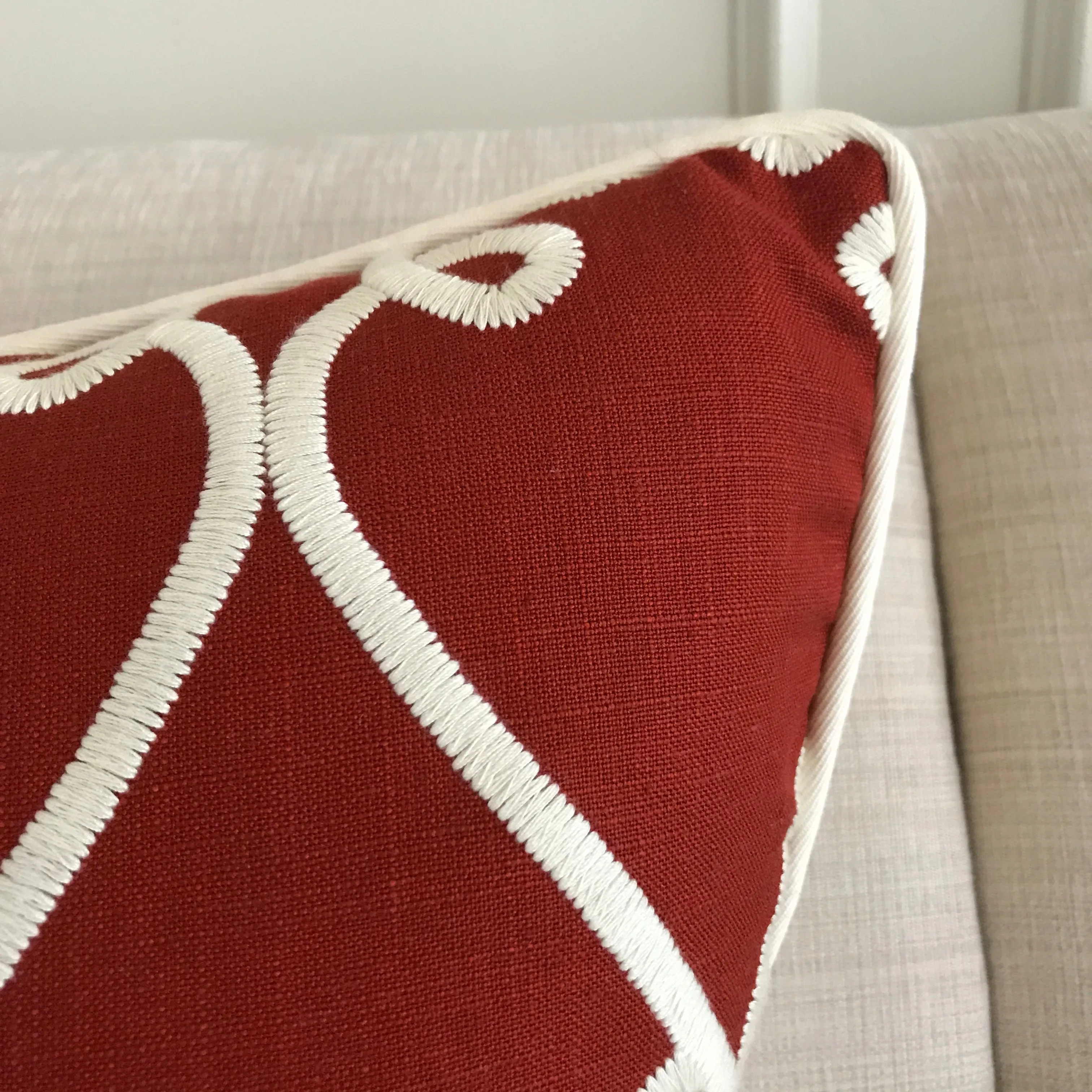 Red Embroidered Linen Welt Trim Lumbar Pillow Cover 16x22