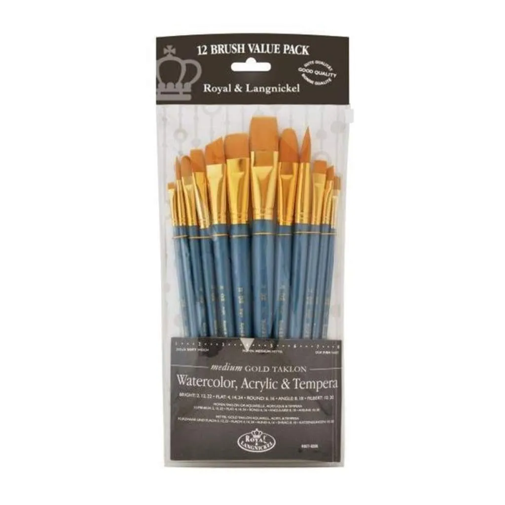 Royal Brush - Gold Taklon Flat Value Pack Brush Set 12 pack