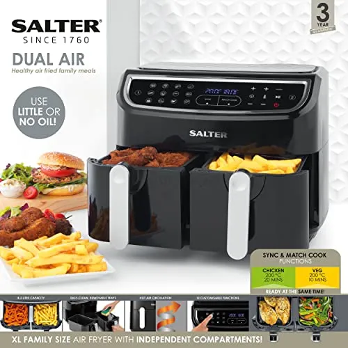 Salter EK4548 Dual Air Fryer - Double Drawer, 2 XL Non-Stick Cooking Trays