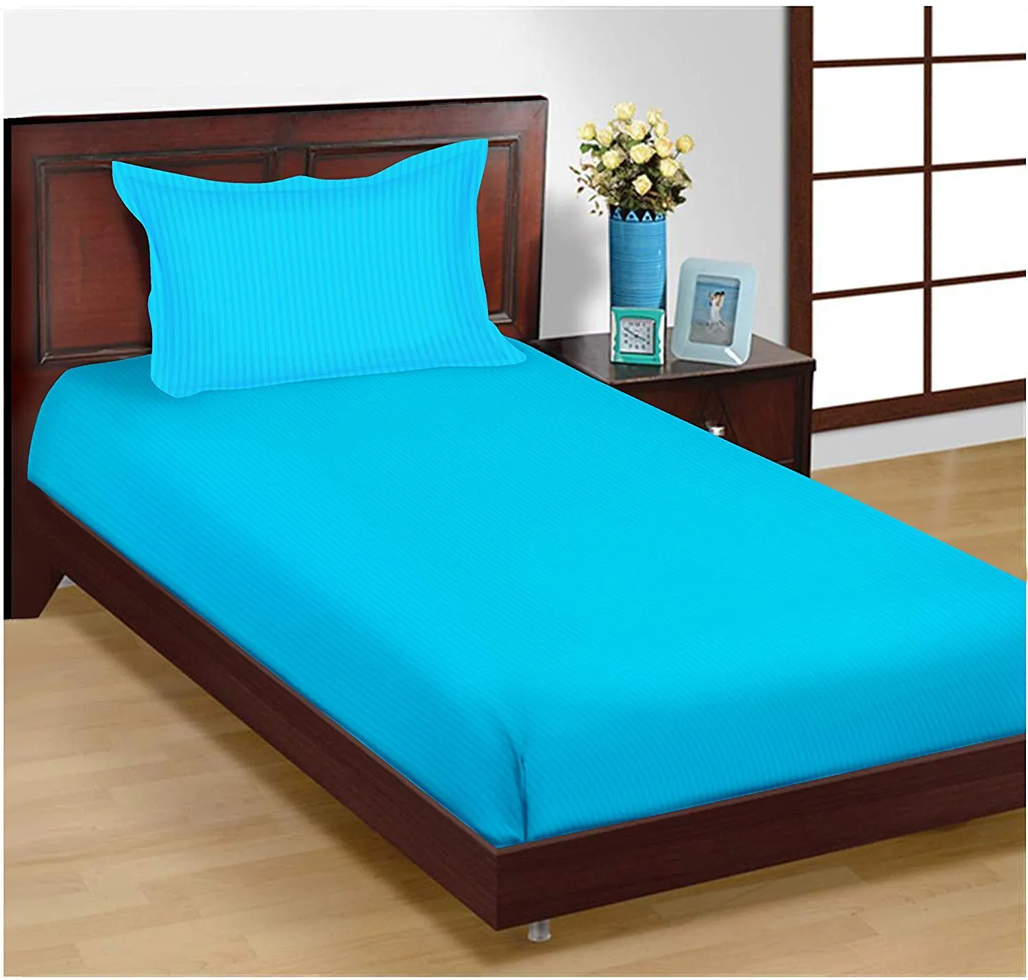 Sky Tex Plain Sea Green Color Light Weighted Cotton 120 TC Single Bed Sheet with 1 Pillow Cover