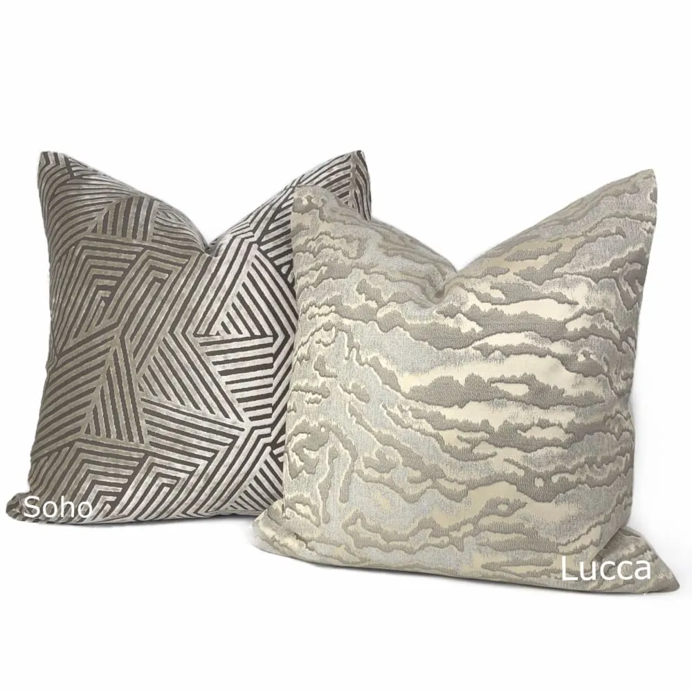 Soho Taupe Beige Cut Velvet Geometric Lines Pillow Cover