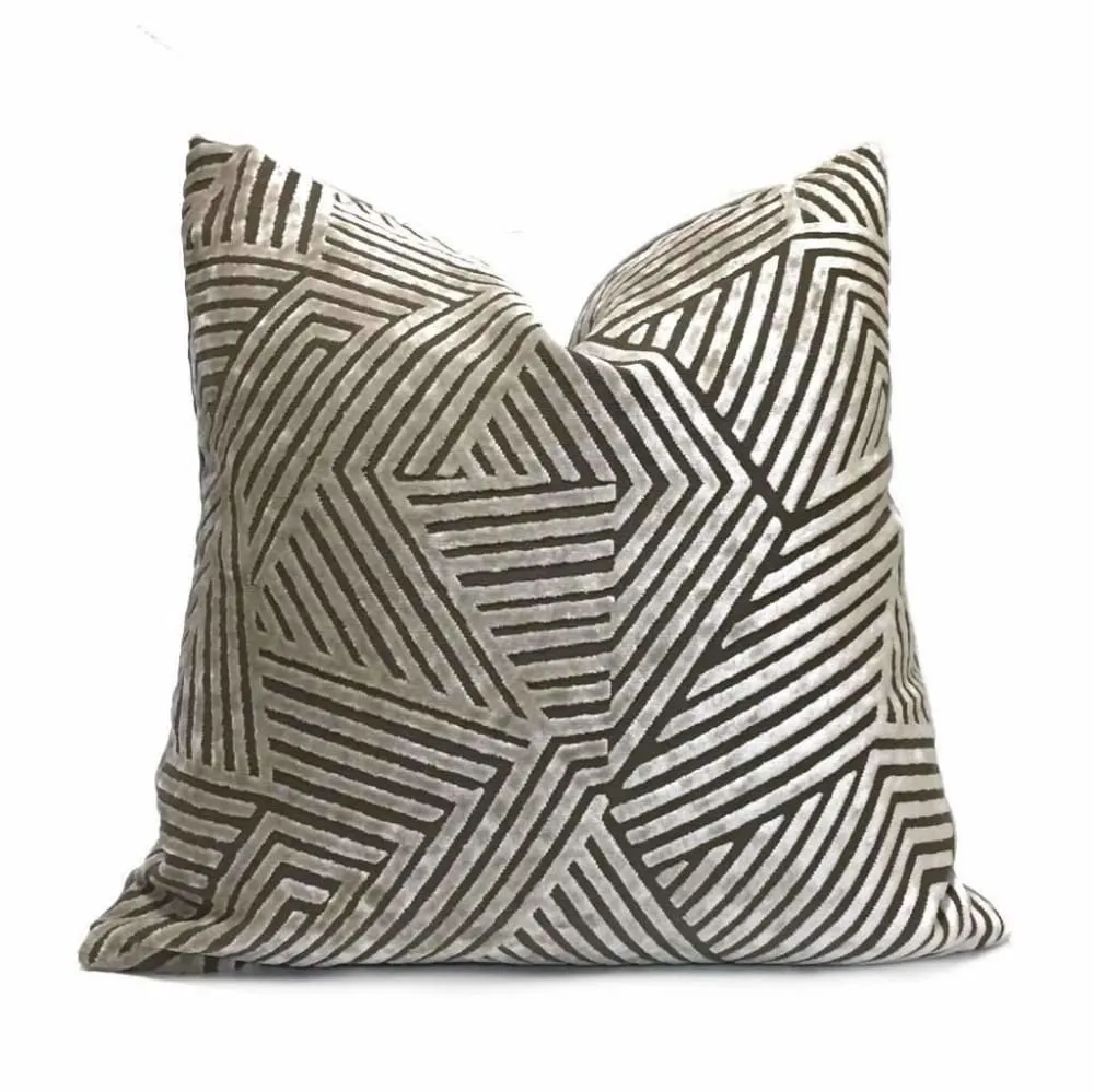 Soho Taupe Beige Cut Velvet Geometric Lines Pillow Cover