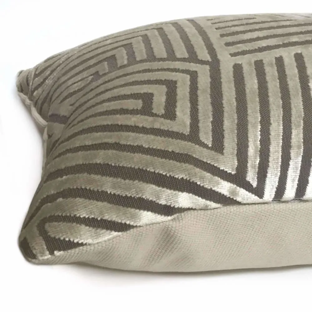 Soho Taupe Beige Cut Velvet Geometric Lines Pillow Cover