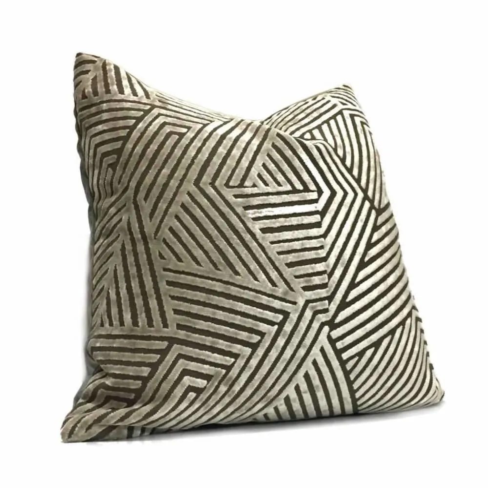 Soho Taupe Beige Cut Velvet Geometric Lines Pillow Cover