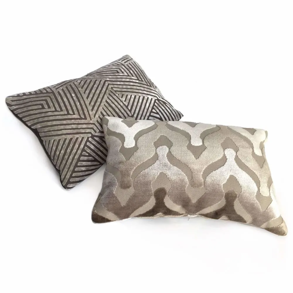 Soho Taupe Beige Cut Velvet Geometric Lines Pillow Cover