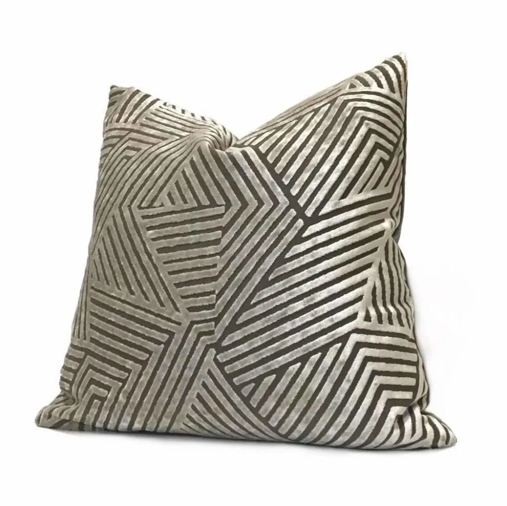 Soho Taupe Beige Cut Velvet Geometric Lines Pillow Cover