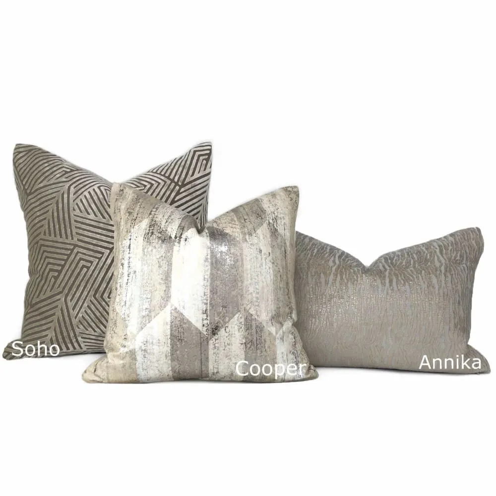 Soho Taupe Beige Cut Velvet Geometric Lines Pillow Cover