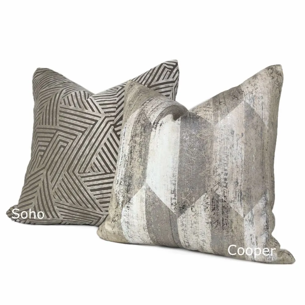 Soho Taupe Beige Cut Velvet Geometric Lines Pillow Cover