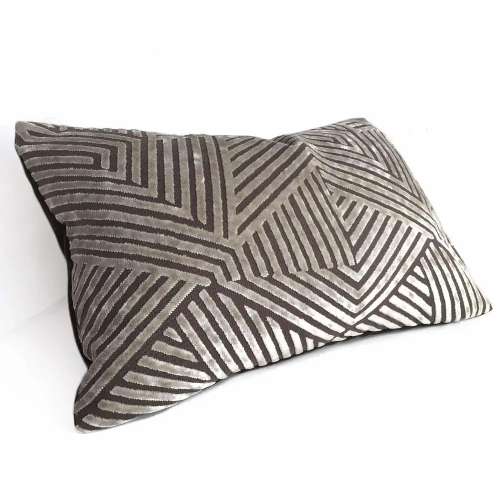 Soho Taupe Beige Cut Velvet Geometric Lines Pillow Cover